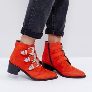 Asos Relieve Suede Buckle Ankle Booties in Red